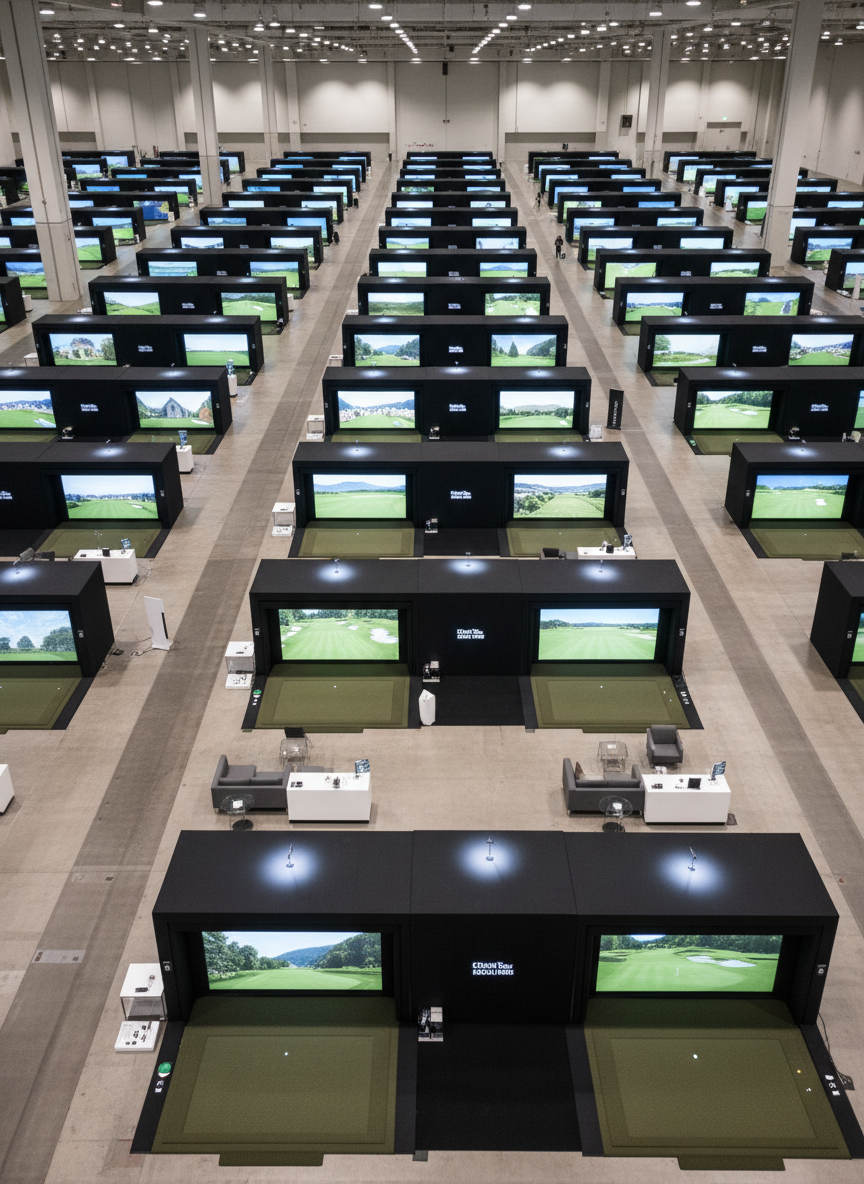 A bird’s-eye, photographic view of multiple mobile golf simulator bays arranged in a large convention center space, each bay a dark rectangular enclosure with glowing white impact screens showing different iconic golf holes. Between the bays, clearly defined walkways, sleek registration counters, and minimal lounge zones with modern furniture suggest a well-organized corporate event or tournament. Overhead industrial lighting provides even, bright illumination, while accent spotlights add subtle pools of light on each simulator entrance. The composition uses strong geometric lines and sharp focus throughout to convey scale, structure, and professionalism, creating a bold, high-impact visual that showcases how the mobile simulators can transform a large venue into a fully-fledged golf experience.